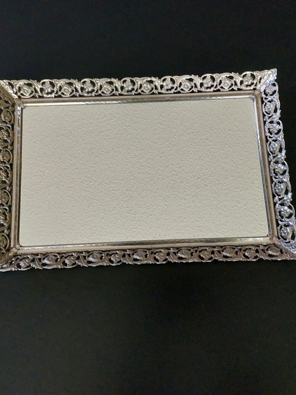 Vintage 14" Ornate Metal Rectangular Vanity Mirror Tray Flower Design